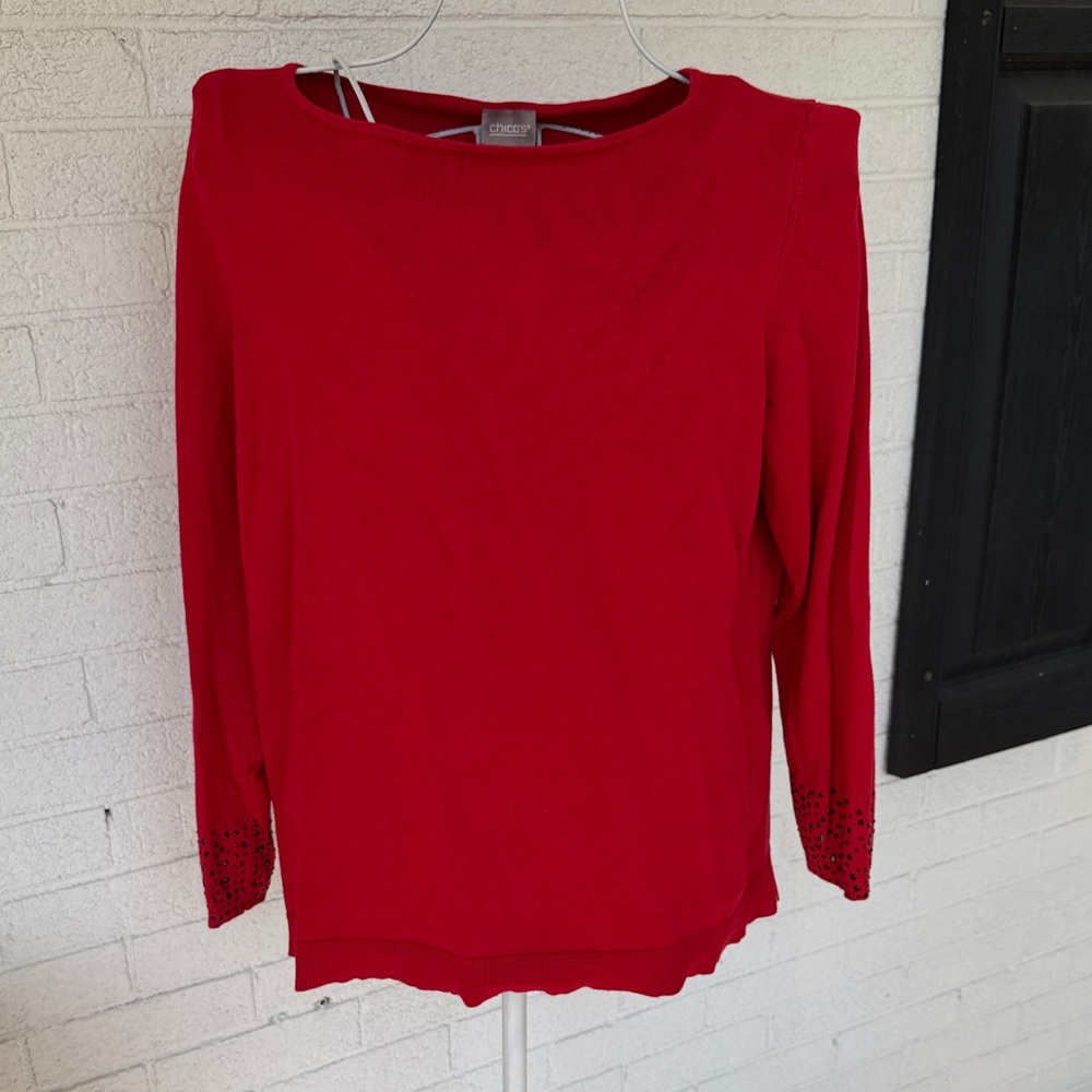 Chico's Vibrant Red Long Sleeve Sweater with Beaded Cuffs